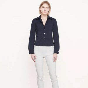 VINCE Stretch Poplin Slim-Fit Shirt in Navy Coastal Blue, Size 2